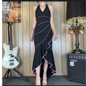 Vintage 90s Womens Black Halter Dress Ruffles Pink Trim